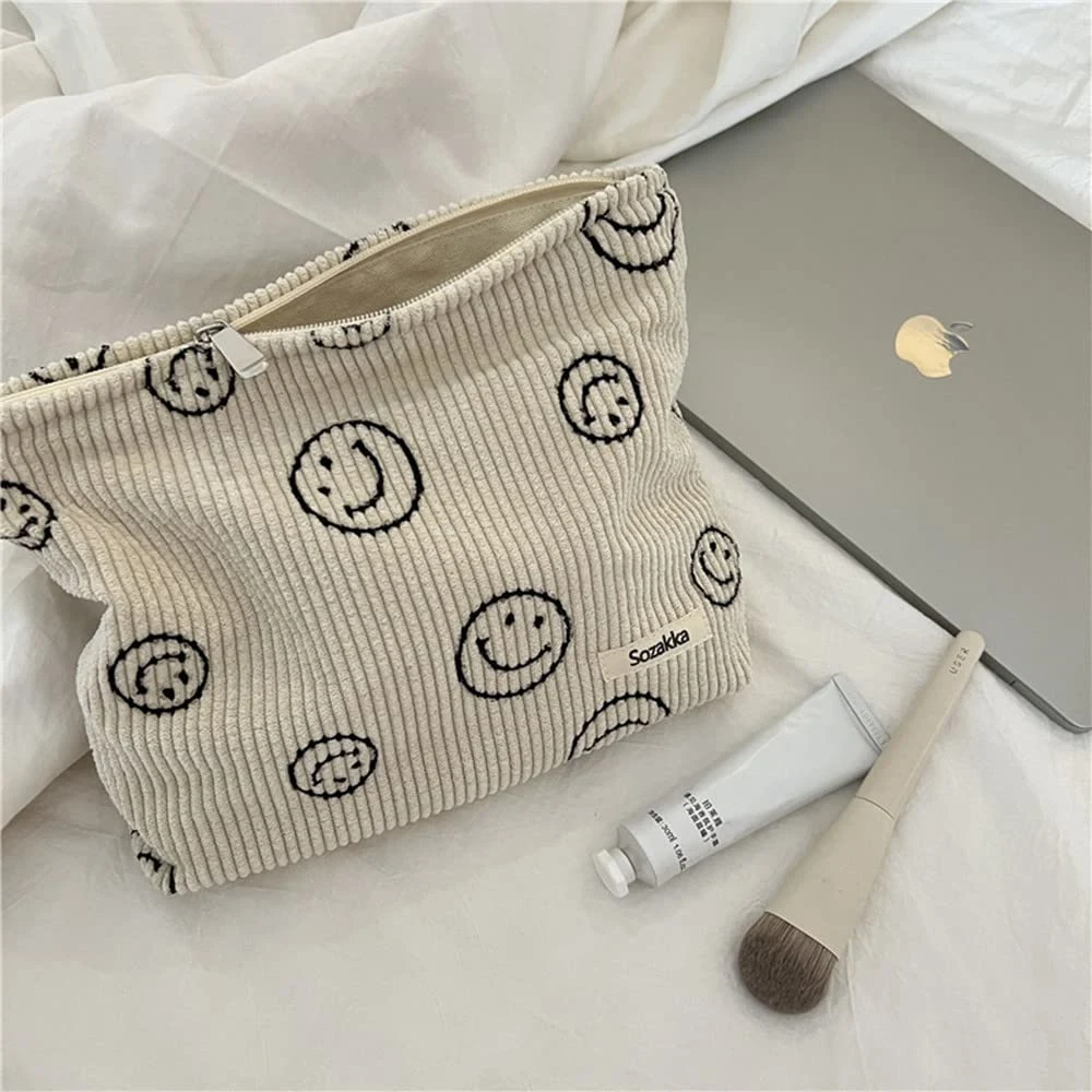 Corduroy Smile Dots Makeup Organizer Storage Cosmetic Bag for Women and Girls Pencil Case Bags