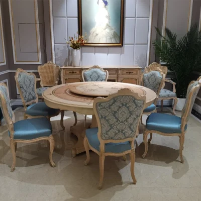 Luxury Classic French Style Dining Room Antique Furniture Round Ash Wood Dining Table and Chairs Set