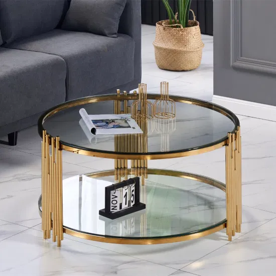 Modern Design Luxury Gold Stainless Steel Living Room Home Furniture Black Glass Top Round Center Coffee Table