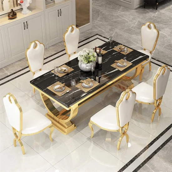 Modern Dining Set Home Furniture Marble Top Silver Chrome Stainless Steel Dining Table
